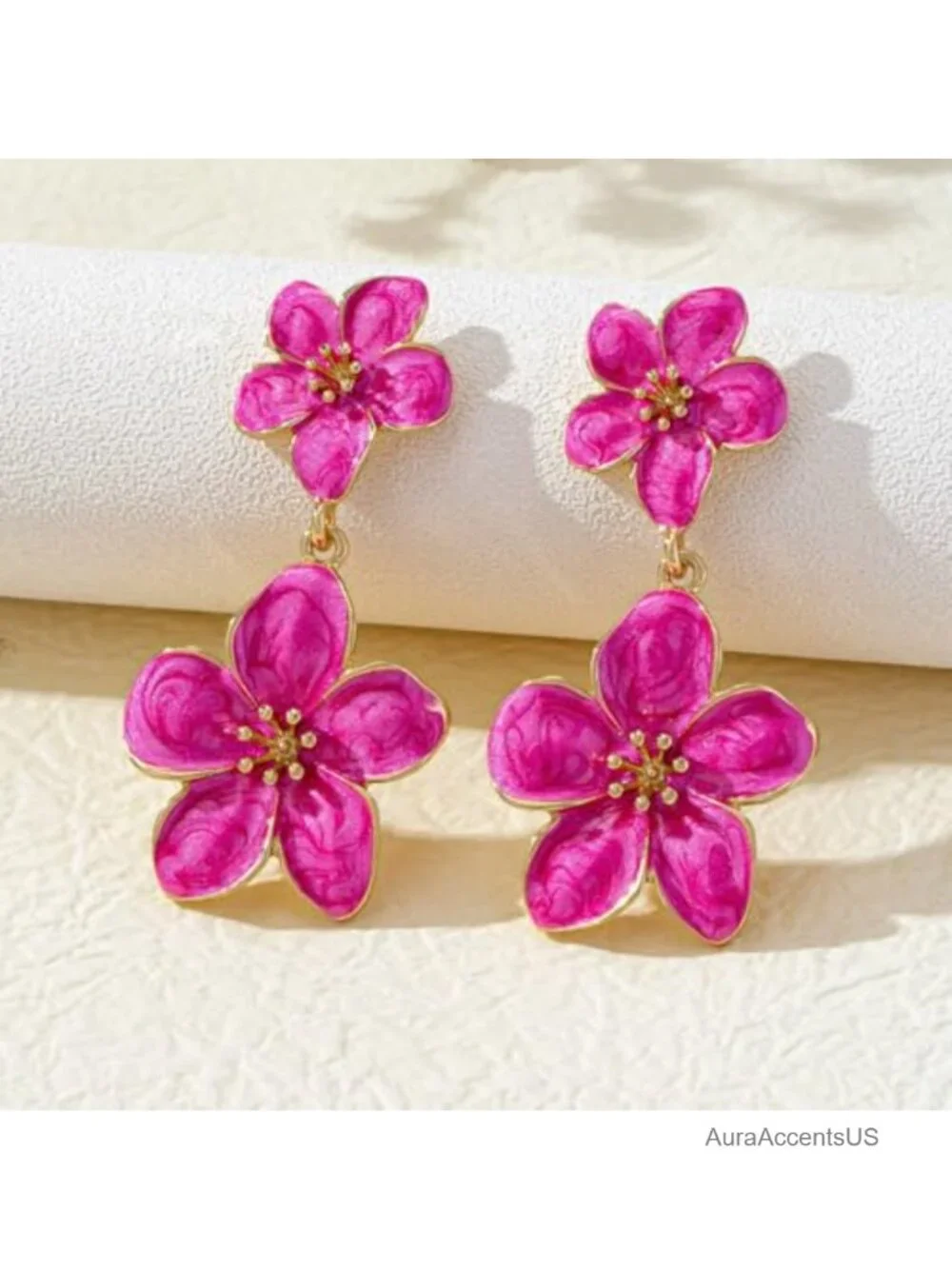 Double Flower Drop Earrings, Vintage Enamel Dangle Earrings, Gold Plated